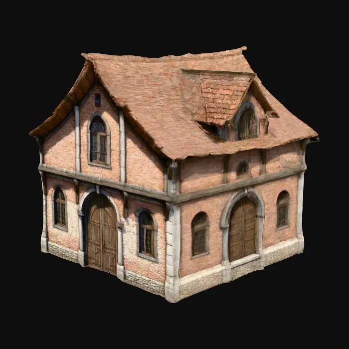 3D model for Generate a 3D model of a single brick-and-stone building from civilized Phlan. The structure should show signs of recent reconstruction—patched walls, wooden reinforcements, and a mix of old and new materials. Architectural details include medieval-style arched windows, heavy wooden doors with iron reinforcements, and a slightly fortified aesthetic. The roof is wood-shingled or slate, with some signs of wear. This building is a functional tavern, shop, or guild hall, suitable for a game asset.