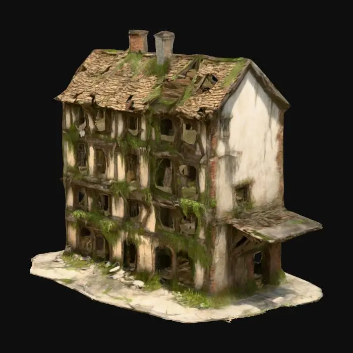 3D model for Narrow, three-story medieval slum buildings, crumbling wattle-and-daub, exposed wooden beams, broken brick, collapsed roofs, warped doors, shattered windows, leaning structures, tangled alleyways barely wide enough for a man. Filthy, overgrown, scavenged by orcs, goblins, and kobolds for 50 years. Some buildings gutted by fire, others reinforced with salvaged wood and stone, all in decay