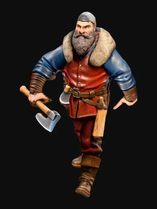 3D model for A realistic 3D miniature model of a medieval lumberjack worker for board game, full body, wearing leather clothes, holding an axe, detailed textures, standing pose, stylized but realistic proportions suitable for 3D printing, include front, side, and back reference.