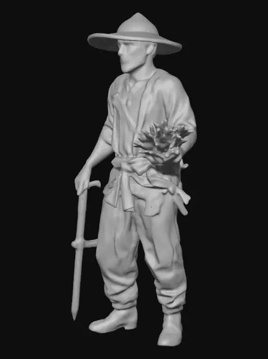3D model for A realistic 3D miniature farmer worker character for a medieval village board game, full body standing pose, wearing simple linen clothes and a straw hat, holding a sickle and a small bundle of wheat, stylized but realistic proportions, highly detailed clothing folds, clean topology, game-ready polygon mesh, suitable for tabletop miniature scale, single UV texture atlas, neutral pose, no background.
Avoid thin fragile parts, suitable for miniature printing.