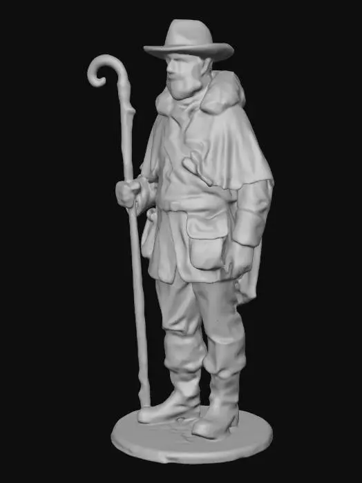 3D model for A realistic 3D miniature shepherd worker character for a medieval village board game, full body standing neutral pose, wearing rustic wool clothing with a fur-lined cloak, wide brim hat, leather boots and belt pouches, holding a shepherd crook staff, gentle friendly expression, stylized but realistic proportions, high detail sculpt, clean topology, game-ready polygon mesh, suitable for tabletop miniature scale, single UV texture atlas, static character, no background.