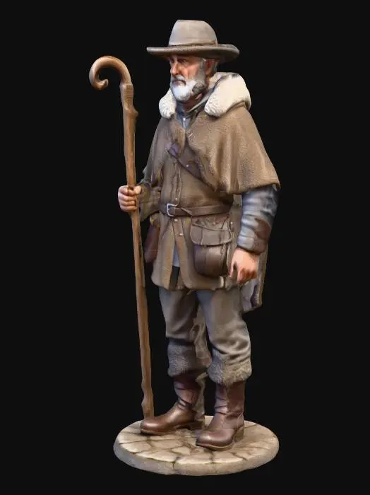 3D model for A realistic 3D miniature shepherd worker character for a medieval village board game, full body standing neutral pose, wearing rustic wool clothing with a fur-lined cloak, wide brim hat, leather boots and belt pouches, holding a shepherd crook staff, gentle friendly expression, stylized but realistic proportions, high detail sculpt, clean topology, game-ready polygon mesh, suitable for tabletop miniature scale, single UV texture atlas, static character, no background.