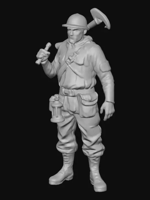 3D model for A realistic 3D miniature miner worker character for a medieval village board game, full body standing pose, wearing rugged mining clothes with a leather belt and boots, holding a pickaxe over the shoulder, small lantern attached to the waist, stylized but realistic proportions, high detail sculpt, clean topology, game-ready polygon mesh, suitable for tabletop miniature scale, single UV texture atlas, static character, no background.