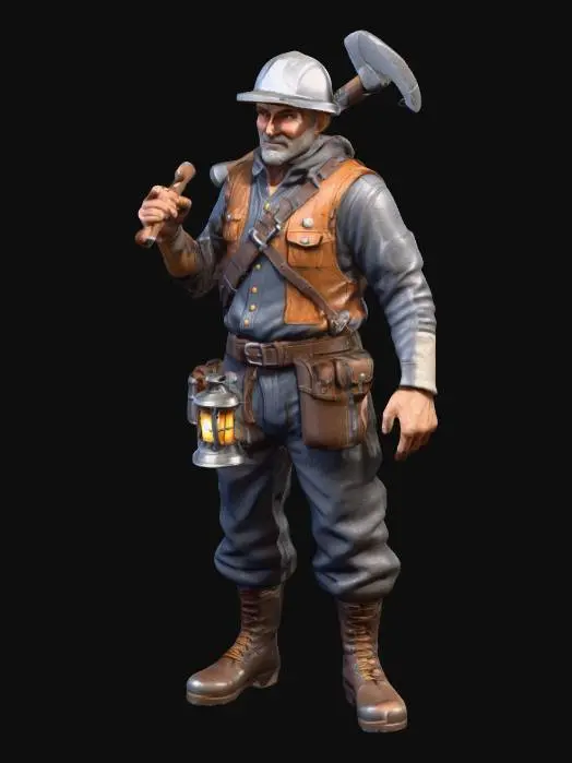 3D model for A realistic 3D miniature miner worker character for a medieval village board game, full body standing pose, wearing rugged mining clothes with a leather belt and boots, holding a pickaxe over the shoulder, small lantern attached to the waist, stylized but realistic proportions, high detail sculpt, clean topology, game-ready polygon mesh, suitable for tabletop miniature scale, single UV texture atlas, static character, no background.
