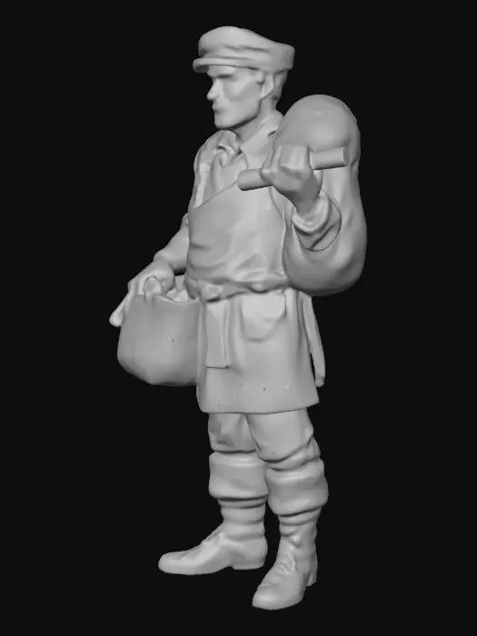 3D model for A realistic 3D miniature miller worker character for a medieval village board game, full body standing neutral pose, wearing rustic rural medieval clothing with a cloth cap, apron, and worn leather boots, carrying a sack of flour over the shoulder and holding a wooden grain scoop, stylized but realistic proportions, high detail sculpt, clean topology, game-ready polygon mesh, suitable for tabletop miniature scale, single UV texture atlas, static character, no background.