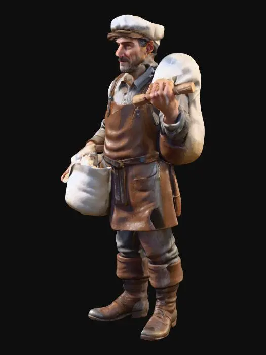 3D model for A realistic 3D miniature miller worker character for a medieval village board game, full body standing neutral pose, wearing rustic rural medieval clothing with a cloth cap, apron, and worn leather boots, carrying a sack of flour over the shoulder and holding a wooden grain scoop, stylized but realistic proportions, high detail sculpt, clean topology, game-ready polygon mesh, suitable for tabletop miniature scale, single UV texture atlas, static character, no background.