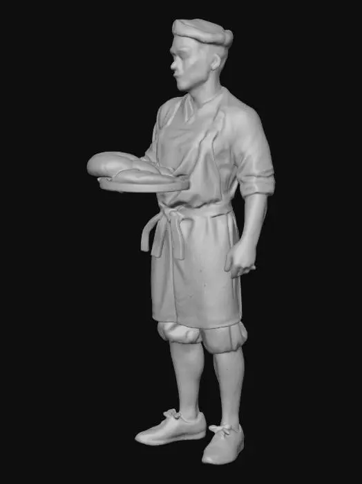 3D model for A realistic 3D miniature baker worker character for a medieval village board game, full body standing neutral pose, wearing rustic medieval clothing with a white apron and cloth cap, holding a wooden bread paddle with fresh loaves, small flour bag at the waist, stylized but realistic proportions, high detail sculpt, clean topology, game-ready polygon mesh, suitable for tabletop miniature scale, single UV texture atlas, static character, no background.