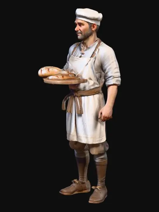 3D model for A realistic 3D miniature baker worker character for a medieval village board game, full body standing neutral pose, wearing rustic medieval clothing with a white apron and cloth cap, holding a wooden bread paddle with fresh loaves, small flour bag at the waist, stylized but realistic proportions, high detail sculpt, clean topology, game-ready polygon mesh, suitable for tabletop miniature scale, single UV texture atlas, static character, no background.