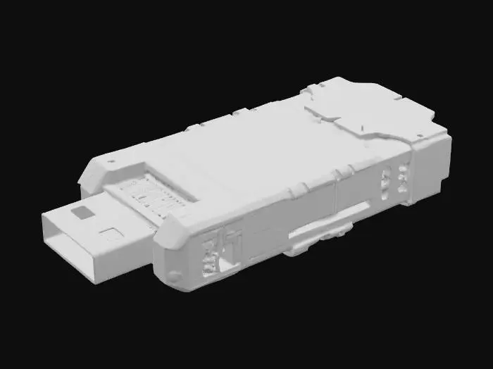 3D model for A compact cyberpunk-style biochip USB drive, crafted from a translucent dark polymer, revealing intricate internal components. Within, delicate golden conduits, blue neon LEDs, and a miniature, subtly pulsating "organic" module in red or amber hues are visible. The casing features sharp, angular facets, combining matte and glossy gunmetal-colored metal. It feels smooth to the touch, with perceptible raised port areas and a light weight.