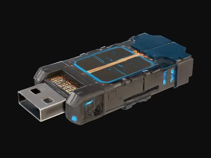 3D model for A compact cyberpunk-style biochip USB drive, crafted from a translucent dark polymer, revealing intricate internal components. Within, delicate golden conduits, blue neon LEDs, and a miniature, subtly pulsating "organic" module in red or amber hues are visible. The casing features sharp, angular facets, combining matte and glossy gunmetal-colored metal. It feels smooth to the touch, with perceptible raised port areas and a light weight.