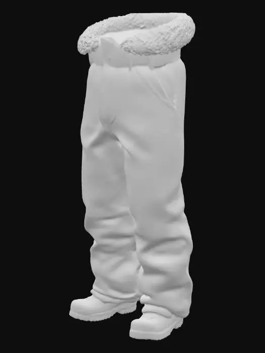 3D model for Плотные зимние штаны прямого кроя, пошитые из износостойкой, слегка ворсистой ткани серого или синего цвета, напоминающей сукно или толстую фланель. Внутренняя часть полностью отделана густым, пушистым искусственным мехом белого или светло-серого оттенка, что придает штанам объем и ощущение тепла. На поясе может присутствовать эластичная резинка или шнурок. Внешний материал ощущается прочным и немного грубоватым, а внутренняя меховая подкладка очень мягкая и приятная на ощупь.