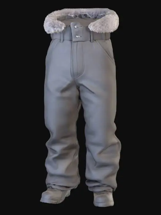 3D model for Плотные зимние штаны прямого кроя, пошитые из износостойкой, слегка ворсистой ткани серого или синего цвета, напоминающей сукно или толстую фланель. Внутренняя часть полностью отделана густым, пушистым искусственным мехом белого или светло-серого оттенка, что придает штанам объем и ощущение тепла. На поясе может присутствовать эластичная резинка или шнурок. Внешний материал ощущается прочным и немного грубоватым, а внутренняя меховая подкладка очень мягкая и приятная на ощупь.