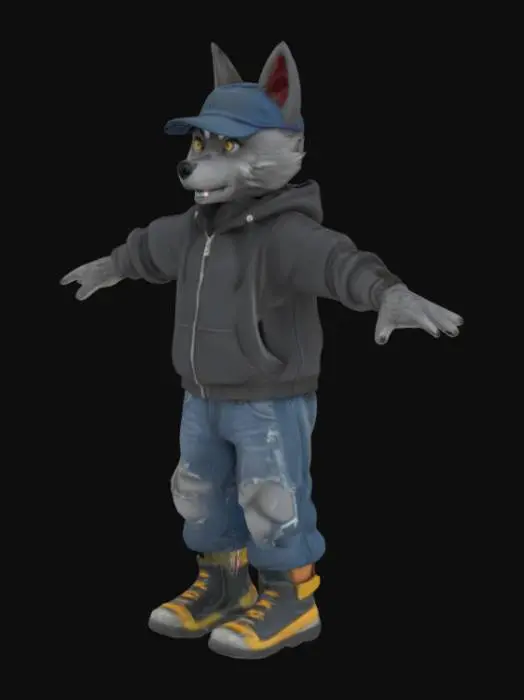 3D model for A young, cool anthropomorphic wolf standing in a T-pose with fingers spread wide. He has sleek gray fur, sharp but friendly features, and wears a stylish streetwear outfit: a baggy hoodie with the hood down and a backwards baseball cap. The cap is worn slightly off-center for a laid-back vibe. He also wears distressed jeans and high-top sneakers. The wolf has a confident, urban edge, like a skater or city kid, with expressive eyes and a slight smirk. His arms are stretched out straight in a T-pose, with fingers clearly spread. Plain white background. Full-body character design, cartoon or semi-realistic style, suitable for animation or concept art.

