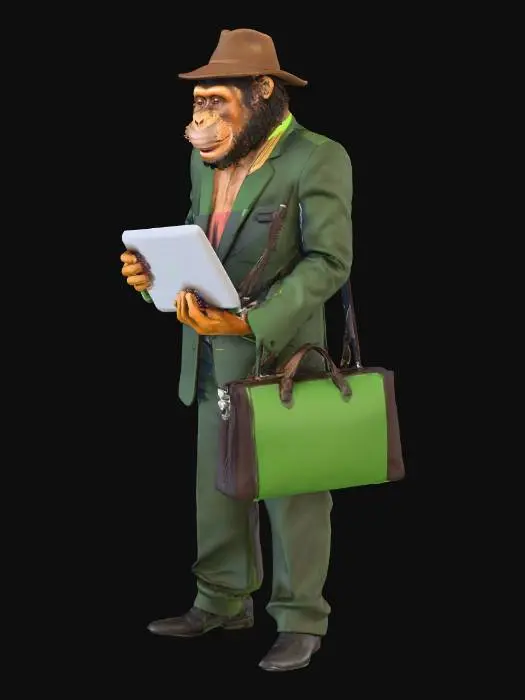 3D model for make 3d chimpangnee monkey with hat, middle age, with laptop and bag