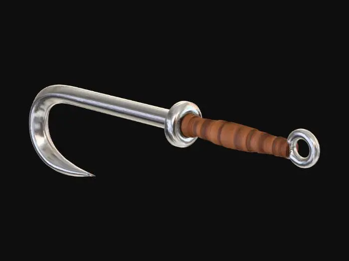 3D model for Steel meathook, brown leather handle.