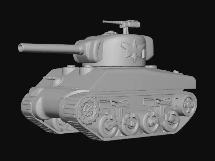 3D model for A charming, simplified 3D model of an M4 Sherman tank, resembling a child's toy. It features a smooth, rounded olive-green plastic shell with a prominent white star emblem on the turret. The long main cannon protrudes from the front, accompanied by a small machine gun on top. Detailed track mechanisms show circular road wheels and a sun-like sprocket at the rear, suggesting clean, uniformly lit surfaces.