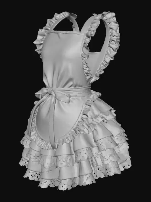 3D model for Magenta apron with large beige ruffle tiered and lace trim and waist cinch
