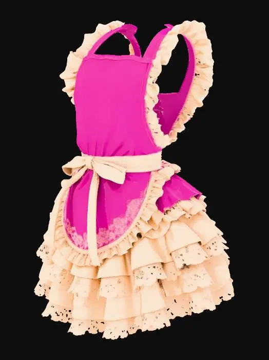 3D model for Magenta apron with large beige ruffle tiered and lace trim and waist cinch