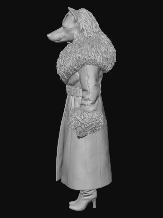 3D model for Long leather winter coat in light khaki green with mocha brown Mongolian fur collar and cuffs. The coat has a belt, side pockets and buttons. The coat is worn by a female hyena with hazel eyes, magenta hair and eyeliners. She also wears leather shoes.