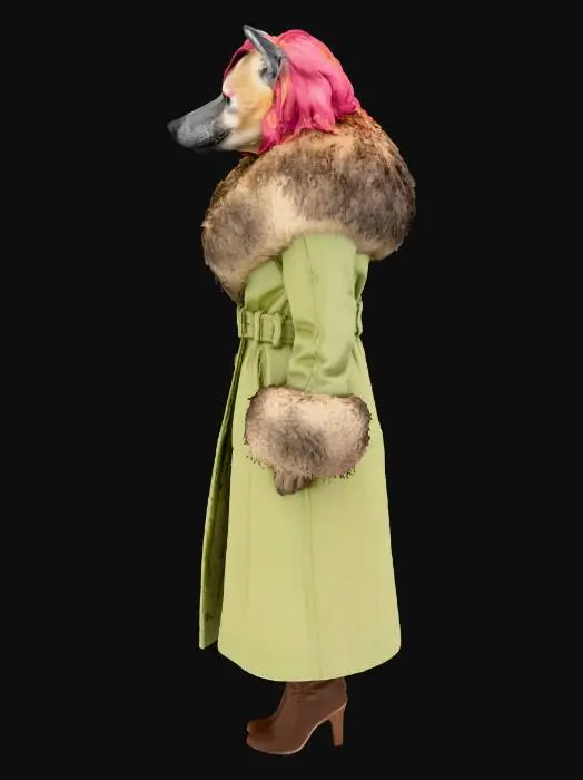 3D model for Long leather winter coat in light khaki green with mocha brown Mongolian fur collar and cuffs. The coat has a belt, side pockets and buttons. The coat is worn by a female hyena with hazel eyes, magenta hair and eyeliners. She also wears leather shoes.