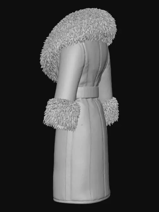 3D model for Long leather winter coat in light khaki green with mocha brown Mongolian fur collar and cuffs. The coat has a belt, side pockets and buttons. The coat is displayed floating.