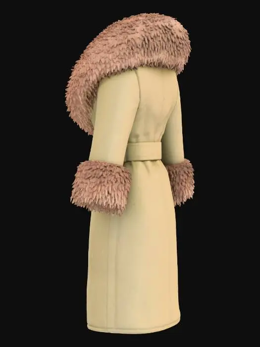3D model for Long leather winter coat in light khaki green with mocha brown Mongolian fur collar and cuffs. The coat has a belt, side pockets and buttons. The coat is displayed floating.