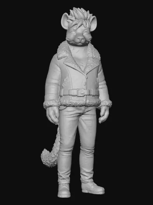 3D model for A male hyena with brown spotted fur, cobalt hair and hazel eyes named Shannon. He wears a leather aviator jacket with fur trim and fastens with a zip and belt cinched. He has lip stains on his cheek and chest. He has a tail.