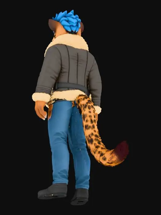 3D model for A male hyena with brown spotted fur, cobalt hair and hazel eyes named Shannon. He wears a leather aviator jacket with fur trim and fastens with a zip and belt cinched. He has lip stains on his cheek and chest. He has a tail.