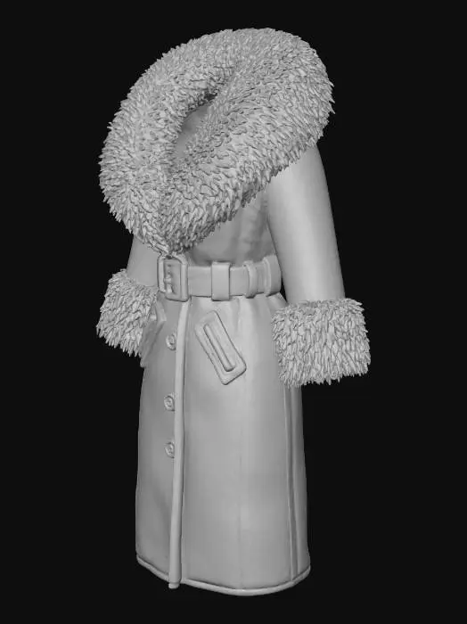 3D model for Long leather winter coat in light khaki green with mocha brown Mongolian fur collar and cuffs. The coat has a belt, side pockets and buttons. The coat is displayed floating.