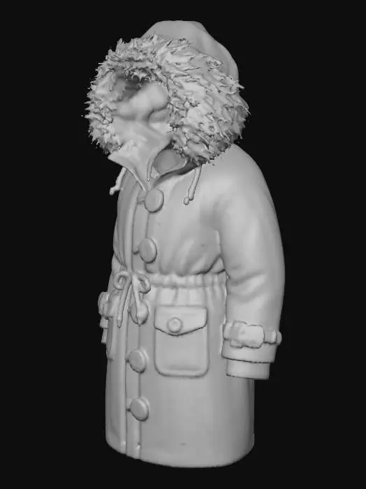 3D model for Knee length thick parka coat in pale khaki brown. The coat has a hood with fur trim, button and zip fastening, side pockets and drawstrings that cinches around the waist. Inside the sleeves are the ribbed cuffs. The buttons are the same colour as the coat. The buckles on the cuffs are dark grey.