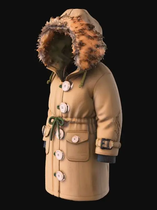 3D model for Knee length thick parka coat in pale khaki brown. The coat has a hood with fur trim, button and zip fastening, side pockets and drawstrings that cinches around the waist. Inside the sleeves are the ribbed cuffs. The buttons are the same colour as the coat. The buckles on the cuffs are dark grey.