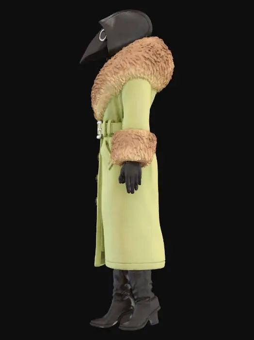 3D model for A female plague doctor wears a long leather winter coat in light khaki green with mocha brown Mongolian fur collar and cuffs. The coat has a belt, side pockets and buttons. She wears a black plague mask, and black leather heeled ankle boots.