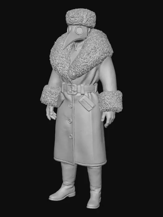 3D model for A male plague doctor wears a long leather winter coat in light khaki green with mocha brown Mongolian fur collar and cuffs. The coat has a belt, side pockets and buttons. He wears a black plague mask, a mocha brown fur hat and black leather boots.