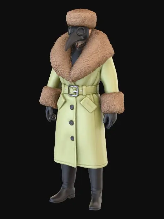 3D model for A male plague doctor wears a long leather winter coat in light khaki green with mocha brown Mongolian fur collar and cuffs. The coat has a belt, side pockets and buttons. He wears a black plague mask, a mocha brown fur hat and black leather boots.
