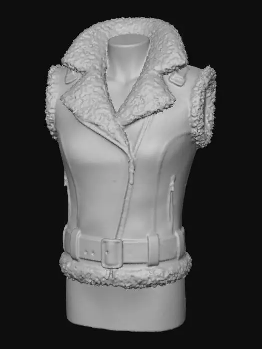3D model for The object is a sleeveless black leather jacket with a structured, symmetrical shape, featuring a large, notched collar, textured with a camel brown fur trim, and includes a prominent belt and buckle at the waist. The jacket is tailored on a mannequin's chest.