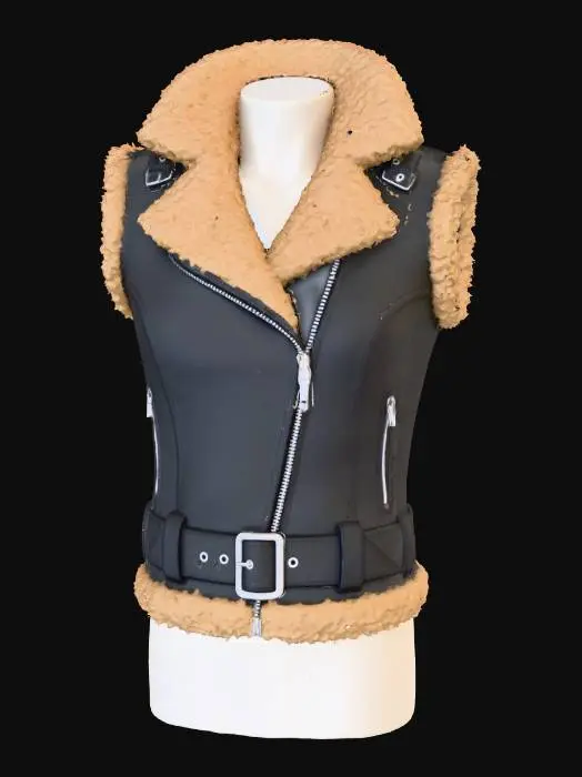 3D model for The object is a sleeveless black leather jacket with a structured, symmetrical shape, featuring a large, notched collar, textured with a camel brown fur trim, and includes a prominent belt and buckle at the waist. The jacket is tailored on a mannequin's chest.