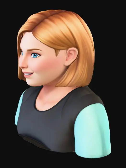 3D model for A white British woman named Karen. She is aged 30 has caramel-blonde bob cut hair, fairly large blue eyes, a fairly rounded head. She is wearing a black t-shirt with pale teal-blue sleeves.