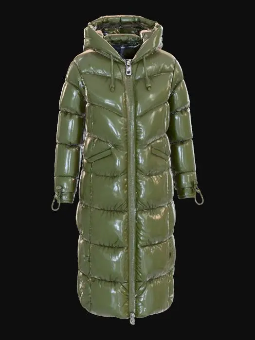 3D model for The object is a long, hooded, oversized puffer down coat with horizontal quilting, a hood, and a central zipper, featuring drawstrings on its cuffs for adjustments. The coat is khaki green. White backdrop