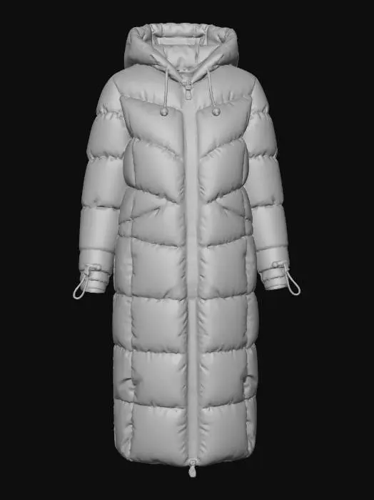 3D model for The object is a long, hooded, oversized puffer down coat with horizontal quilting, a hood, and a central zipper, featuring drawstrings on its cuffs for adjustments. The coat is khaki green. White backdrop