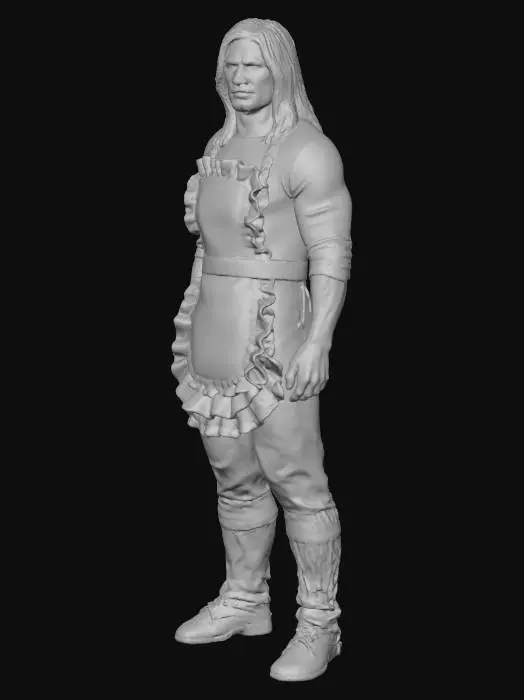 3D model for A powerful Filipino male aged 47 with long jet black hair wears a sexy apron over his black long sleeved t-shirt. He also wears navy blue jeans.