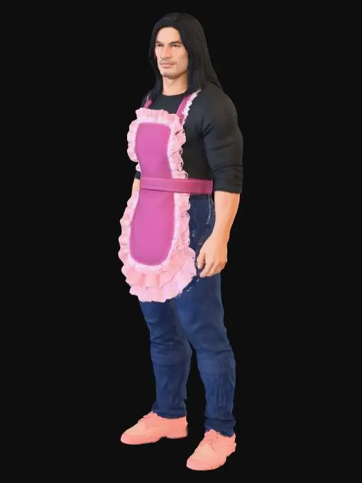 3D model for A powerful Filipino male aged 47 with long jet black hair wears a sexy apron over his black long sleeved t-shirt. He also wears navy blue jeans.