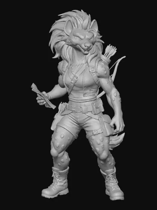 3D model for The object is a humanoid hyena with muscular features, spotted fur, red-violet hair, and equipped with adventurer gear, set against a jungle backdrop. Cinematic.