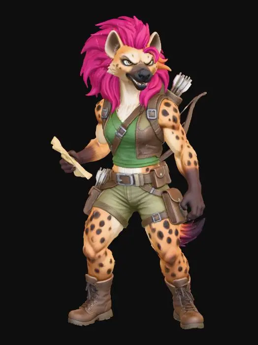 3D model for The object is a humanoid hyena with muscular features, spotted fur, red-violet hair, and equipped with adventurer gear, set against a jungle backdrop. Cinematic.