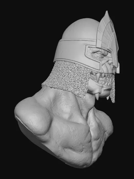 3D model for A head sculpture of a Persian sand demon. Its intense eyes, gaping mouth glow with an eerie, amber light, indicating inner power. An elaborate, angular helmet, predominantly crafted from matte gold, blue and silver metal, adorns its head. The demon's rugged skin exhibits a fine, gritty sand texture, while sections of intricate, silver chainmail on the sides of its helmet. It has maroon warpaint on its chin.