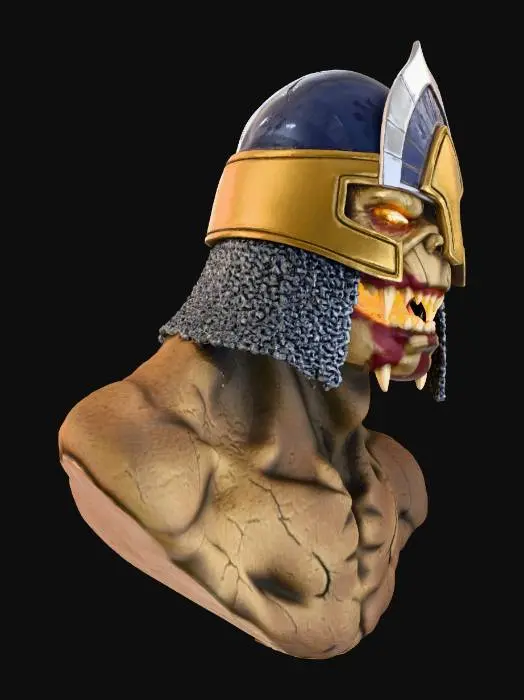 3D model for A head sculpture of a Persian sand demon. Its intense eyes, gaping mouth glow with an eerie, amber light, indicating inner power. An elaborate, angular helmet, predominantly crafted from matte gold, blue and silver metal, adorns its head. The demon's rugged skin exhibits a fine, gritty sand texture, while sections of intricate, silver chainmail on the sides of its helmet. It has maroon warpaint on its chin.
