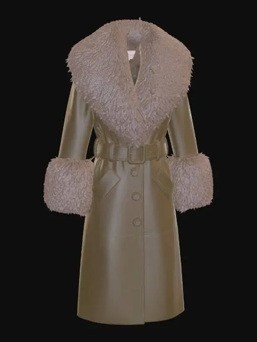 3D model for Brown Leather Coat with Fur Collar and Cuffs