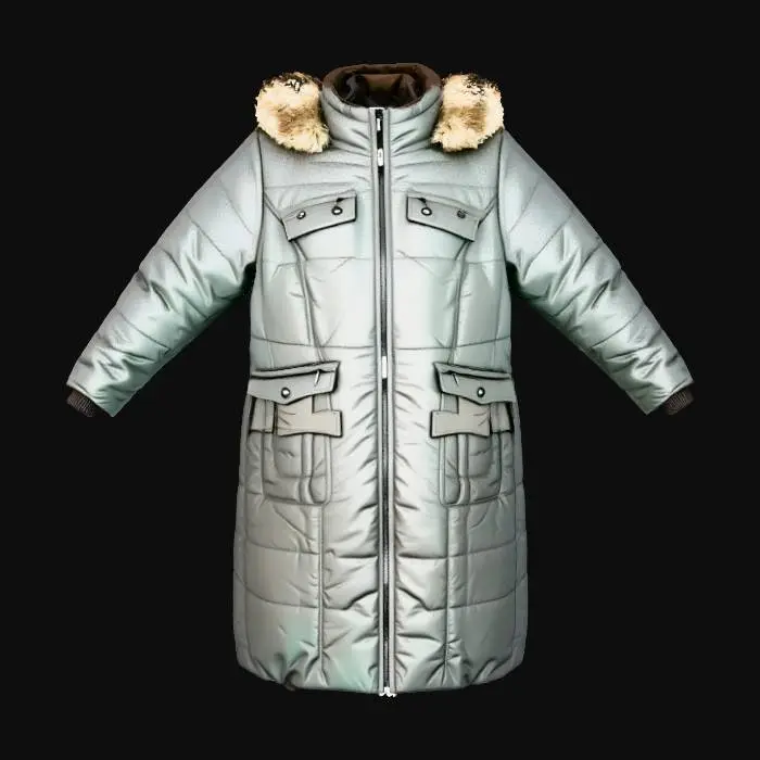 3D model for Long length graphite grey padded parka coat in dark grey. The coat has a brown fur trim on the hood, storm flap pockets with zips, a collar and ribbed cuffs inside the sleeves. The coat is displayed floating.