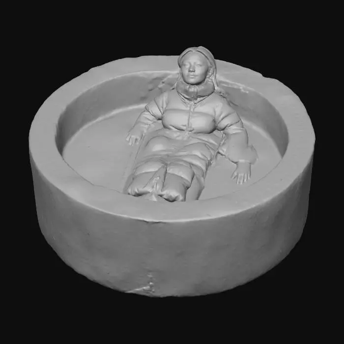 3D model for A Filipino woman with shoulder length maroon hair is wearing an ankle length black heavy down coat in a stone hot tub. The coat is submerged in a hot tub filled with water and thick bubbles. The woman's head rests against the wall of the hot tub. Most of the coat is submerged. Her eyes are closed.