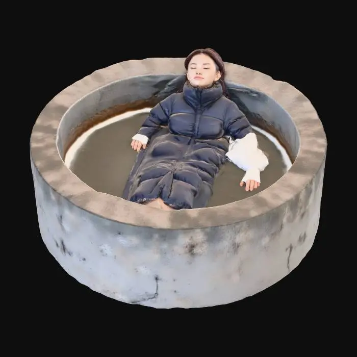 3D model for A Filipino woman with shoulder length maroon hair is wearing an ankle length black heavy down coat in a stone hot tub. The coat is submerged in a hot tub filled with water and thick bubbles. The woman's head rests against the wall of the hot tub. Most of the coat is submerged. Her eyes are closed.