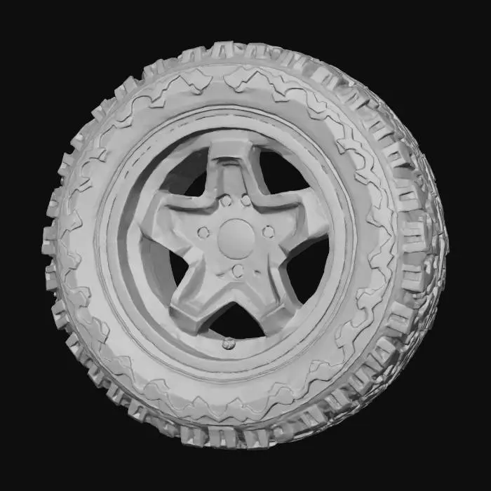 3D model for The object is a circular wheel with a jagged outer edge resembling tread, featuring a star-shaped pattern and circular central holes, giving it a rugged texture and geometric symmetry.